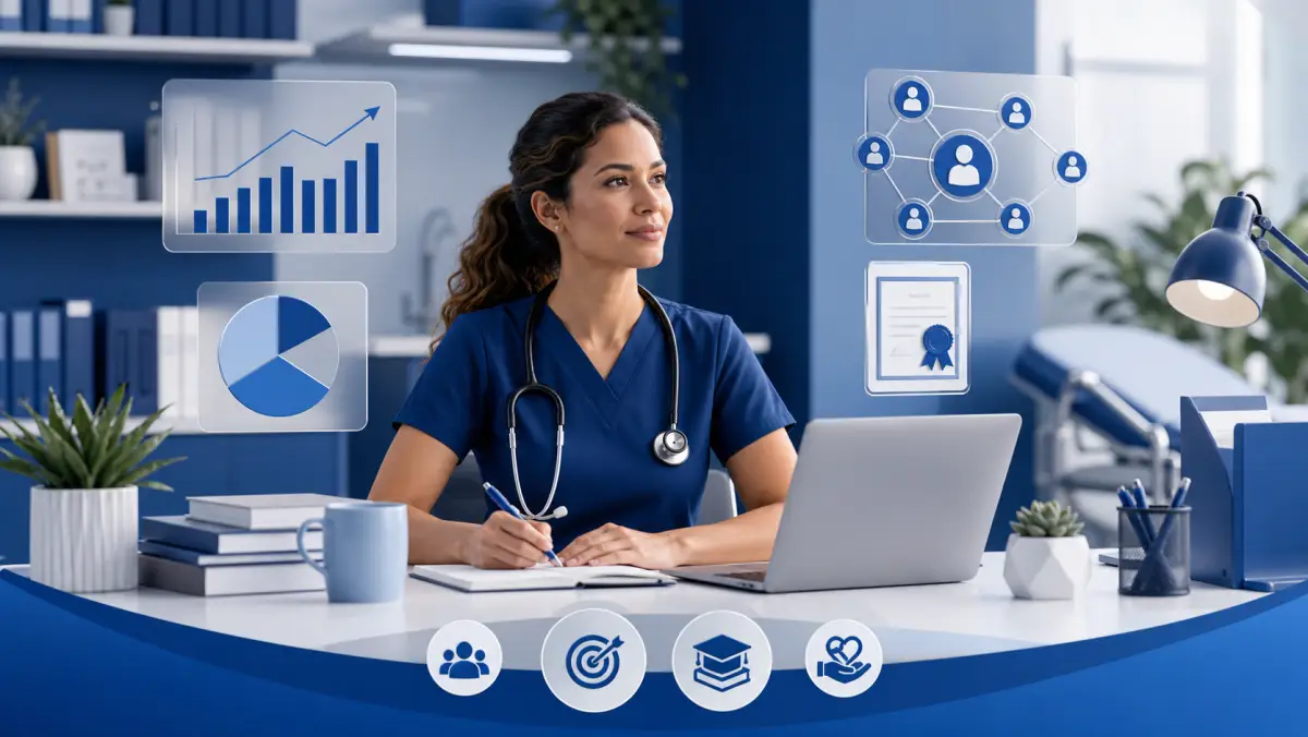 Nurse practitioner planning practice growth with business, education, and networking tools